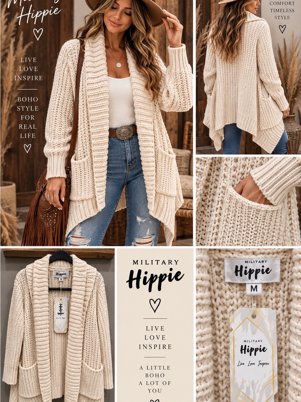 Military Hippie Cream Open-Front Chunky Knit Cardigan